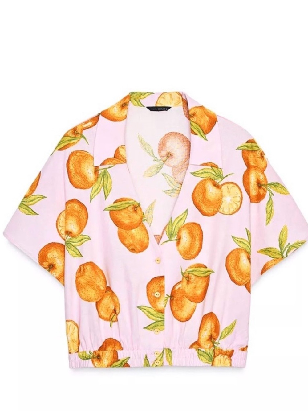 Zara Pink Short-Sleeve Cropped Blouse with Orange Fruit Print